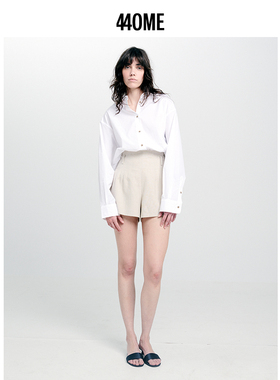 440ME女装 时尚米色高腰轻薄亚麻混纺内衬休闲西装短裤FCSS0881W