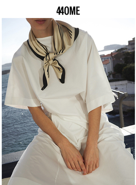 440ME女装 气质一字领舒适纯棉宽松中袖长款白色连衣裙FCSS1052W