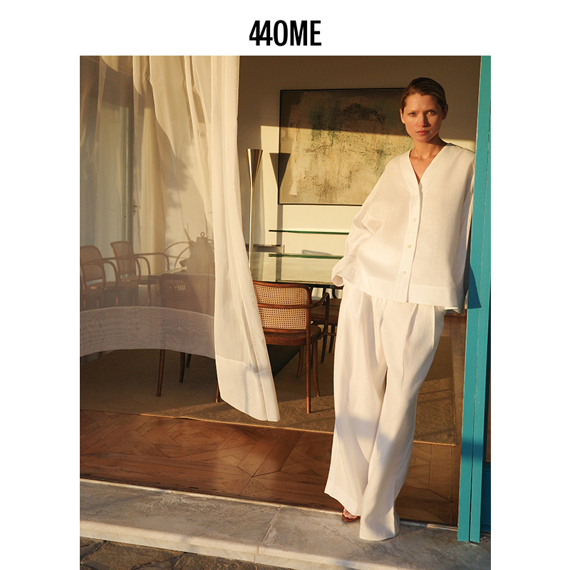 440ME女装 25夏季新品亚麻简约白色松弛宽松长裤阔腿裤FDSS0820W