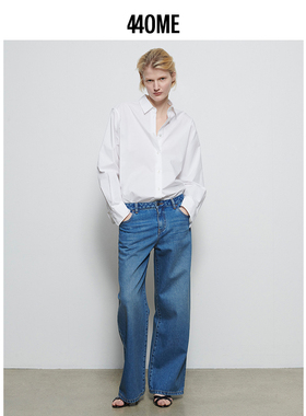 440ME女装 经典水洗蓝中低腰宽松时尚直筒长裤牛仔裤FCSS0919W