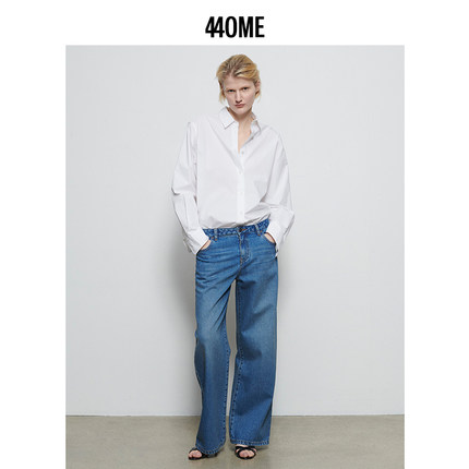 440ME女装 经典水洗蓝中低腰宽松时尚直筒长裤牛仔裤FCSS0919W