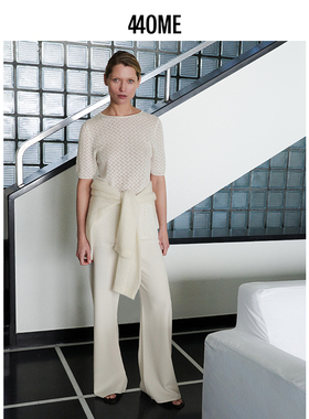 440ME女装 米白优雅修身微弹镂空透气圆领针织短袖上衣FDSS0302K