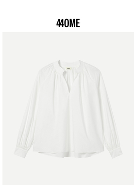 440ME女装 舒适棉优雅V领泡泡袖白色微宽松套头长袖衬衫FB3S0216W