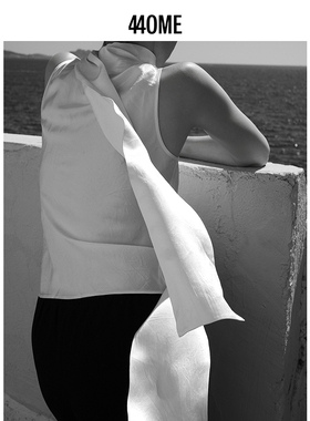 440ME女装新品气质珍珠白老钱风修身飘带时尚无袖上衣FDSS0282W