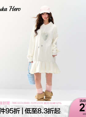 GUUKAHERO韩系小羊印花连帽落肩卫衣裙女 25年秋冬新款短裙连衣裙