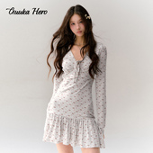 GUUKAHEROV领腊肠狗满印长袖 连衣裙女甜美蝴蝶结度假收腰针织短裙