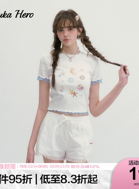 GUUKAHERO白色双层木耳边印花短袖T恤女韩系甜美海洋元素正肩上衣