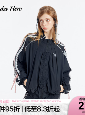 GUUKAHERO黑粉拼接立领夹克女秋 刺绣蝴蝶结上衣户外休闲运动外套