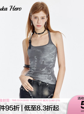 GUUKAHERO深灰色皮带扣挂脖背心女 性感辣妹镂空露背设计修身上衣