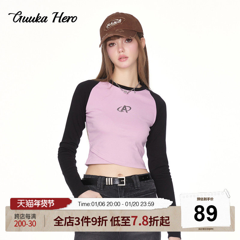 GUUKAHERO黑粉撞色插肩长袖T恤女多巴胺甜美短款辣妹上衣修身显瘦