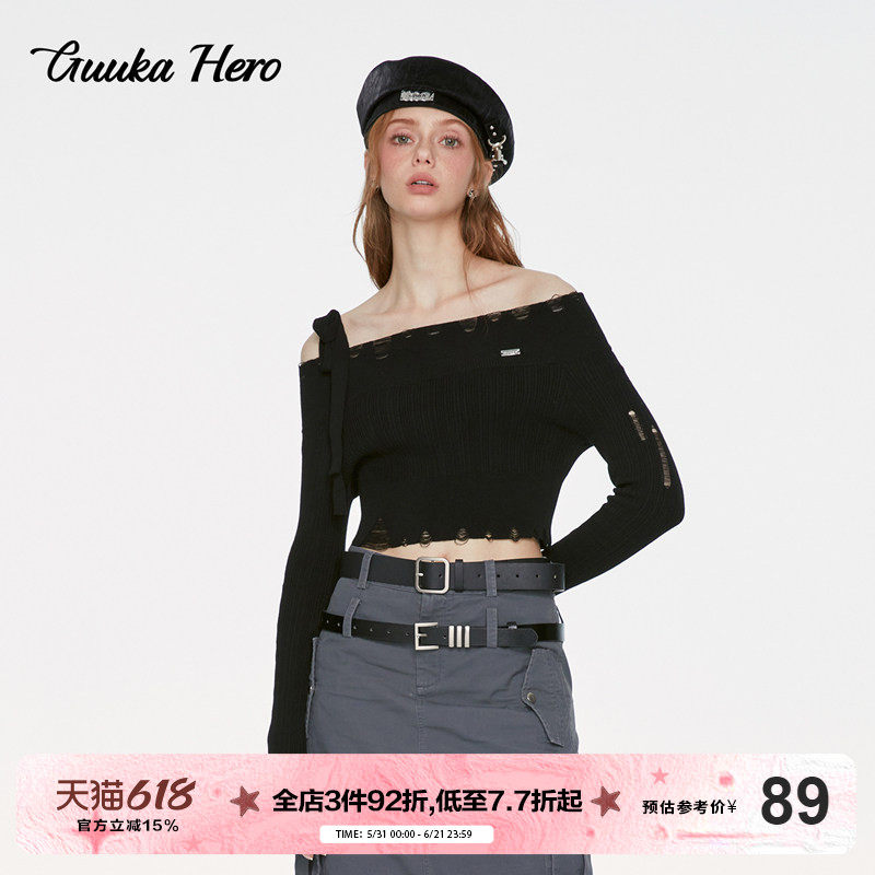GUUKAHERO黑色一字肩短款毛衣女新款 绑结破洞辣妹斜肩针织衫修身