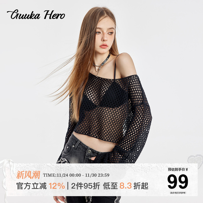GUUKAHERO落肩短款镂空罩衫