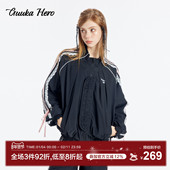 GUUKAHERO黑粉拼接立领夹克女秋 刺绣蝴蝶结上衣户外休闲运动外套