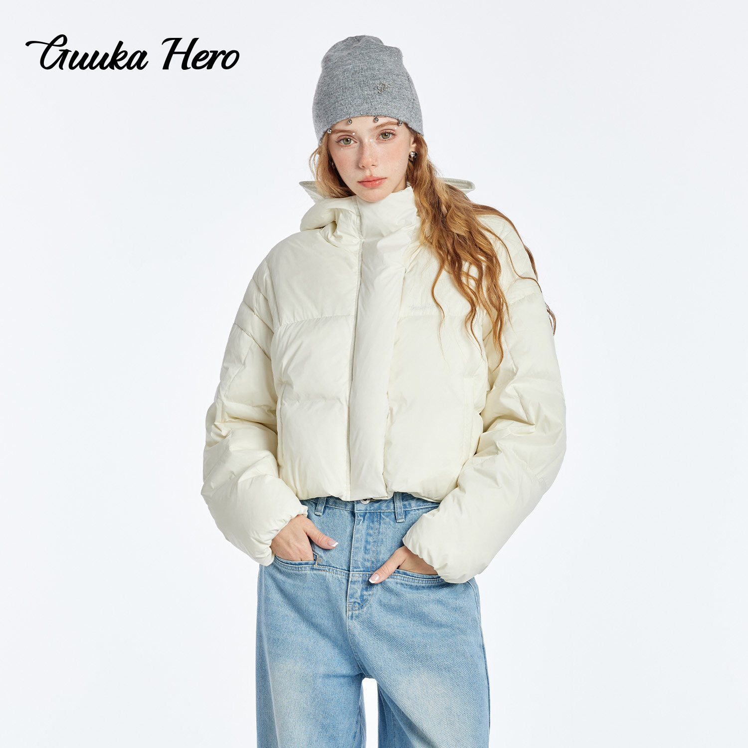 GUUKAHERO米白连帽短款羽绒服女冬 尼龙66肯豆风加厚防水羽绒外套,女装/女士精品,羽绒服,淘宝优惠券,粉丝福利购,淘宝优惠卷