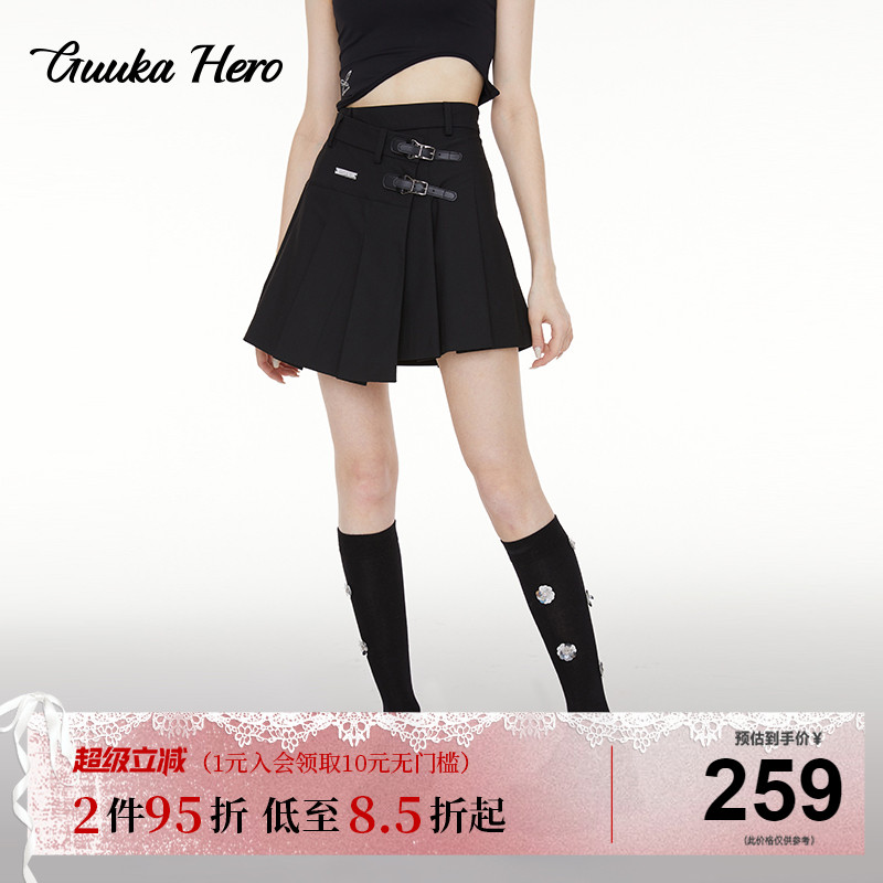 GUUKAHERO皮扣A字百褶裙