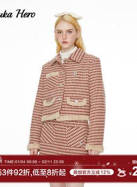 GUUKAHERO红色格子短款外套女冬 兔毛拼接加绒加厚夹克法式小香风