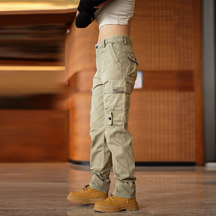 卡其色工装裤男秋户外美式复古宽松直筒长裤多口袋百搭纯棉休闲裤