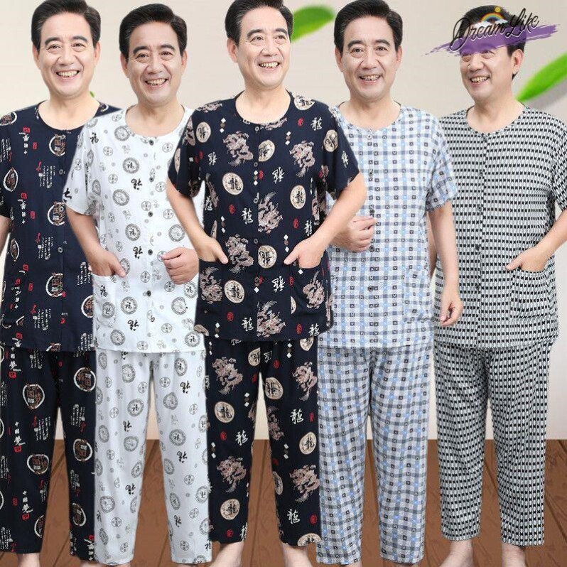 中老年棉绸睡衣男开衫夏季薄款短袖绵绸家居服大码爸爸人造棉套装