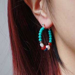 月似弓原创【绿松】天然绿松石红玛瑙串珠新中式小众925银耳饰