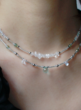 月似弓原创【如水】清新小众设计气质叠戴白水晶串珠项链锁骨链