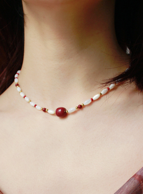 月似弓原创【朱】新中式小众气质天然朱砂项链本命年串珠锁骨链