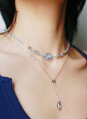 月似弓原创【水蓝】清新小众艺术感叠戴浪漫天然石串珠项链