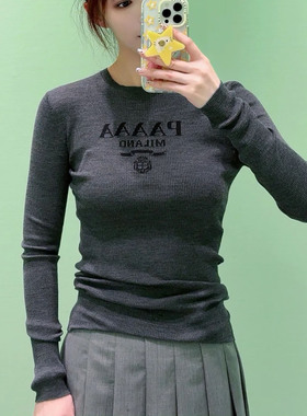 现货~篙品质~羊毛面料 胸口字母提花针织衫 显瘦长袖打底上衣女