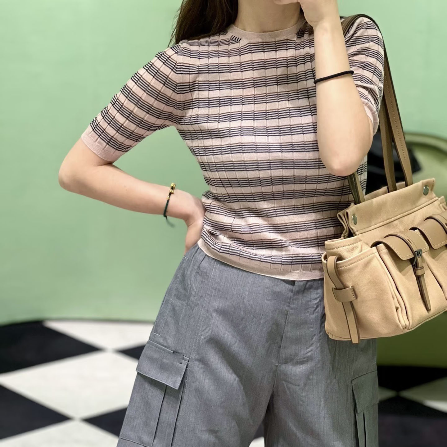 丝羊绒粉色条纹短袖针织衫上衣女