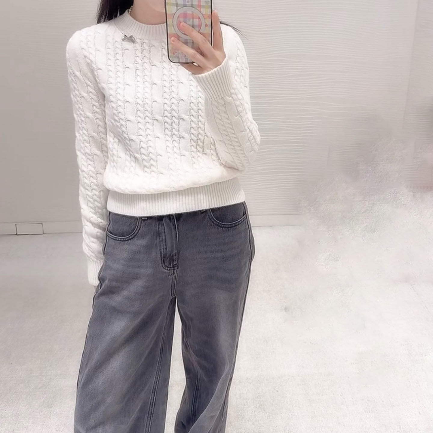 篙品质~山羊绒 白色绞花 蝴蝶结圆领长袖套头针织衫 毛衣 26新