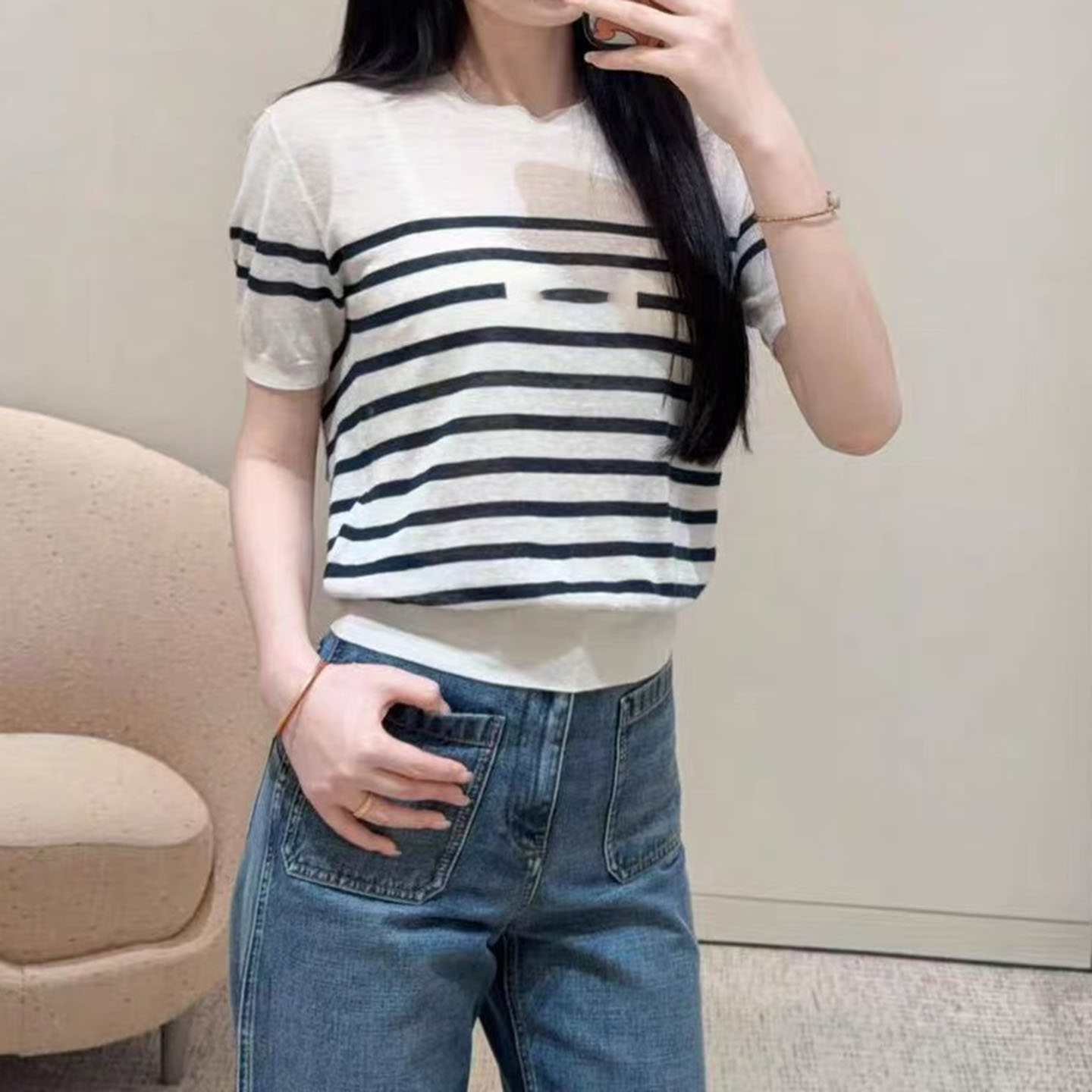 桑蚕丝亚麻休闲风条纹短袖针织衫