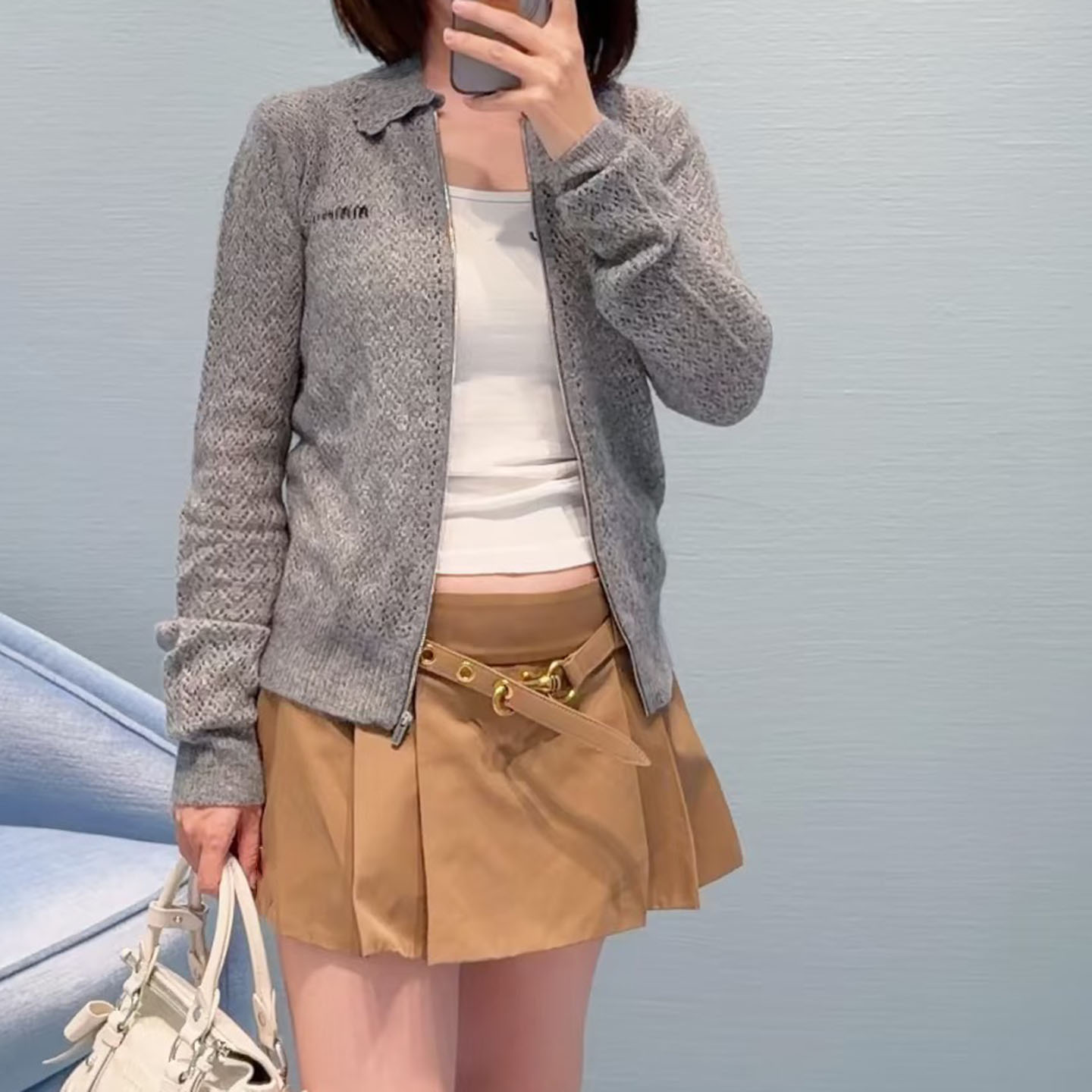 丝羊绒翻领拉链长袖拉链针织开衫