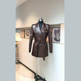 欧货时尚中长款金扣西装领皮衣外套女洋气收腰显瘦pu皮秋冬淑女款