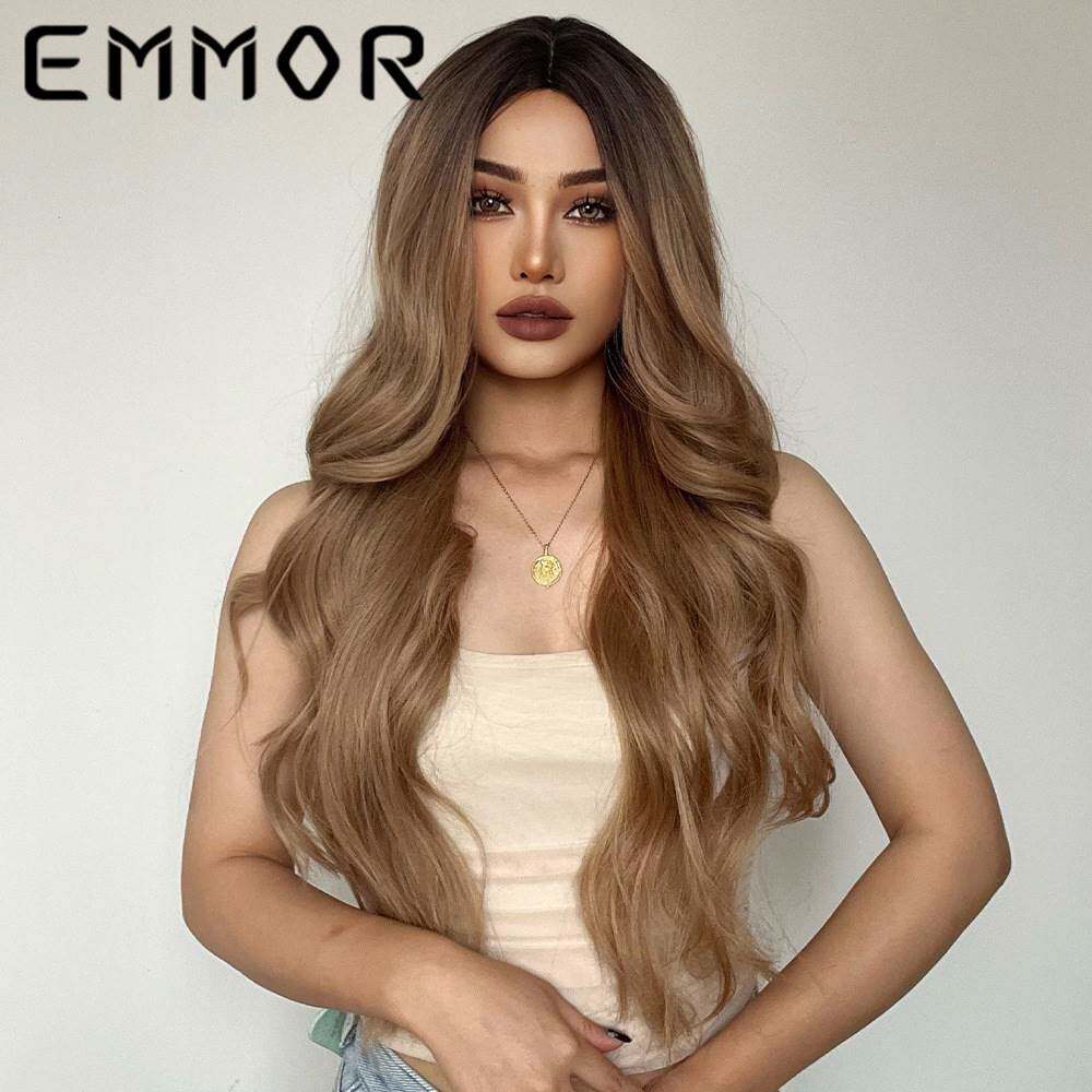 EMMOR欧美女士假发头套 棕色中分渐变长卷发 化纤高温丝头套wigs