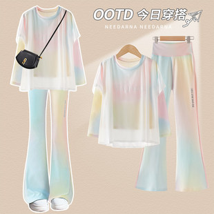 春装儿童运动套装春季户外防晒速干衣女童喇叭裤瑜伽服跑步训练服