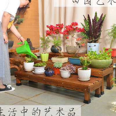 碳化木花架子单层阶梯花凳实木置物架客厅阳台防腐木盆景架花架