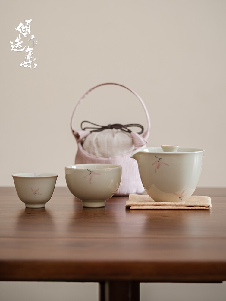 草木灰釉下手绘彩兰快客杯一壶一杯陶瓷便携式旅行功夫茶具小套装
