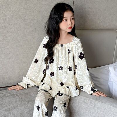 女童金丝绒睡衣春秋新款中大童儿童休闲两件套秋冬薄绒家居服套装