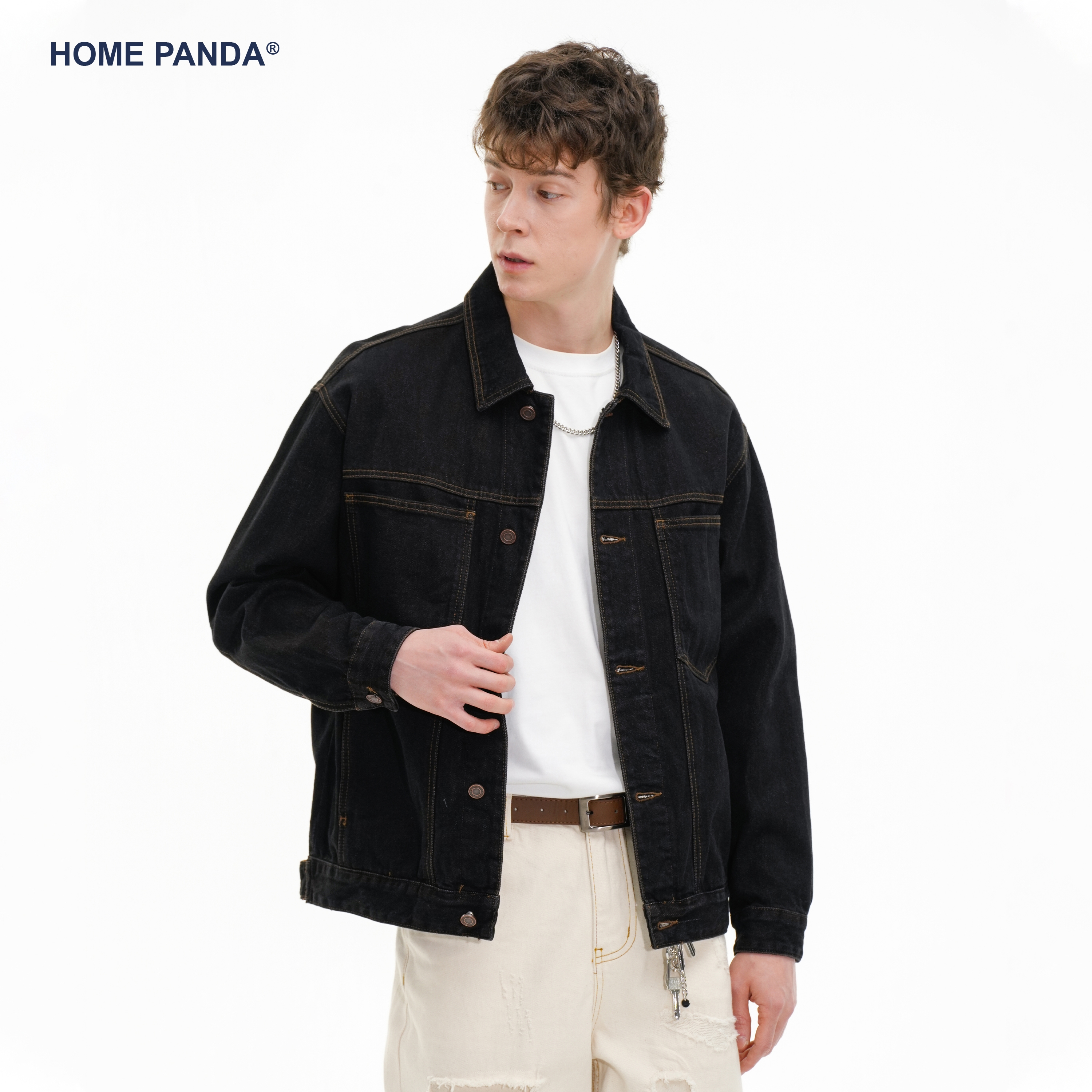 HomePanda原色翻领牛仔外套男