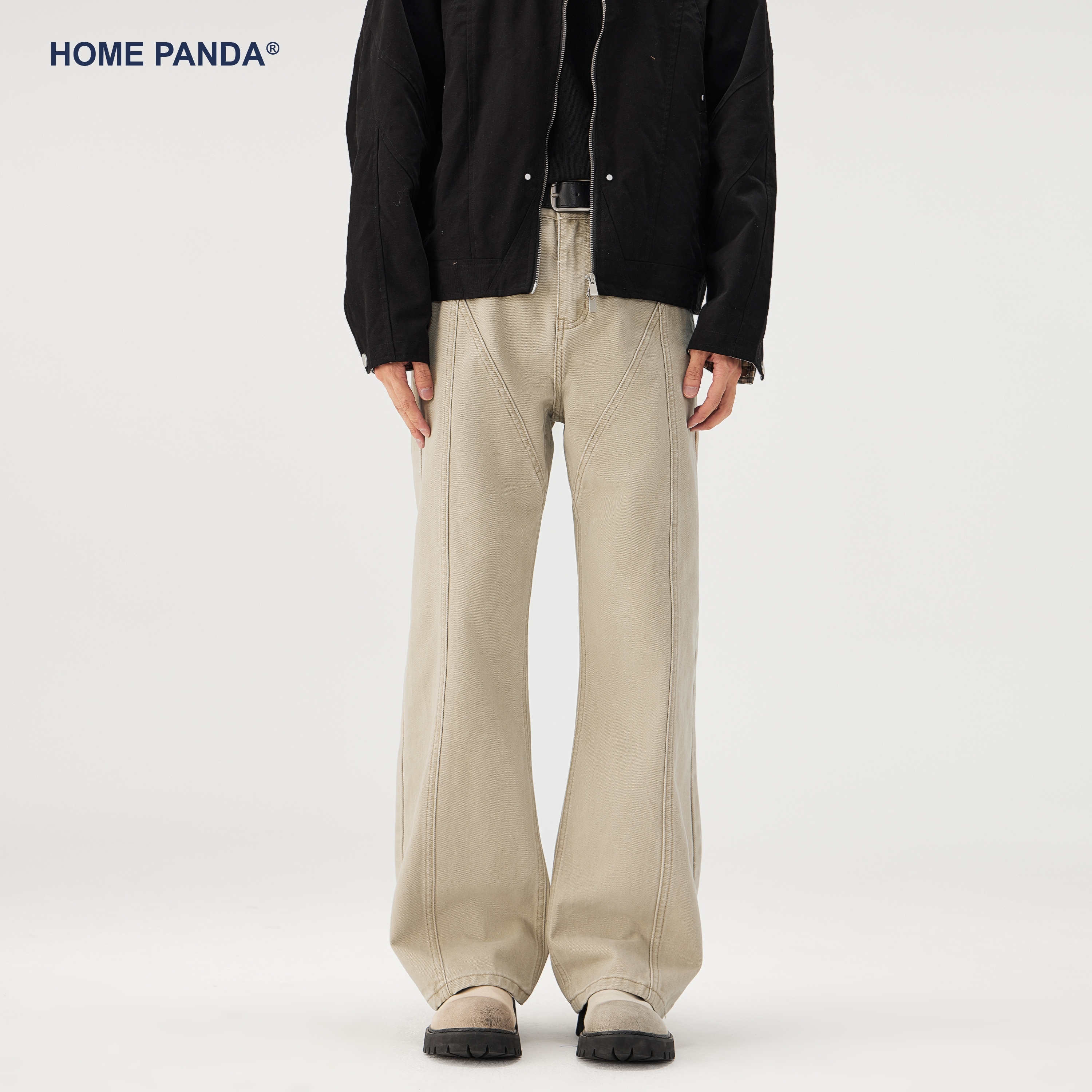 HomePanda拼接解构直筒牛仔裤男