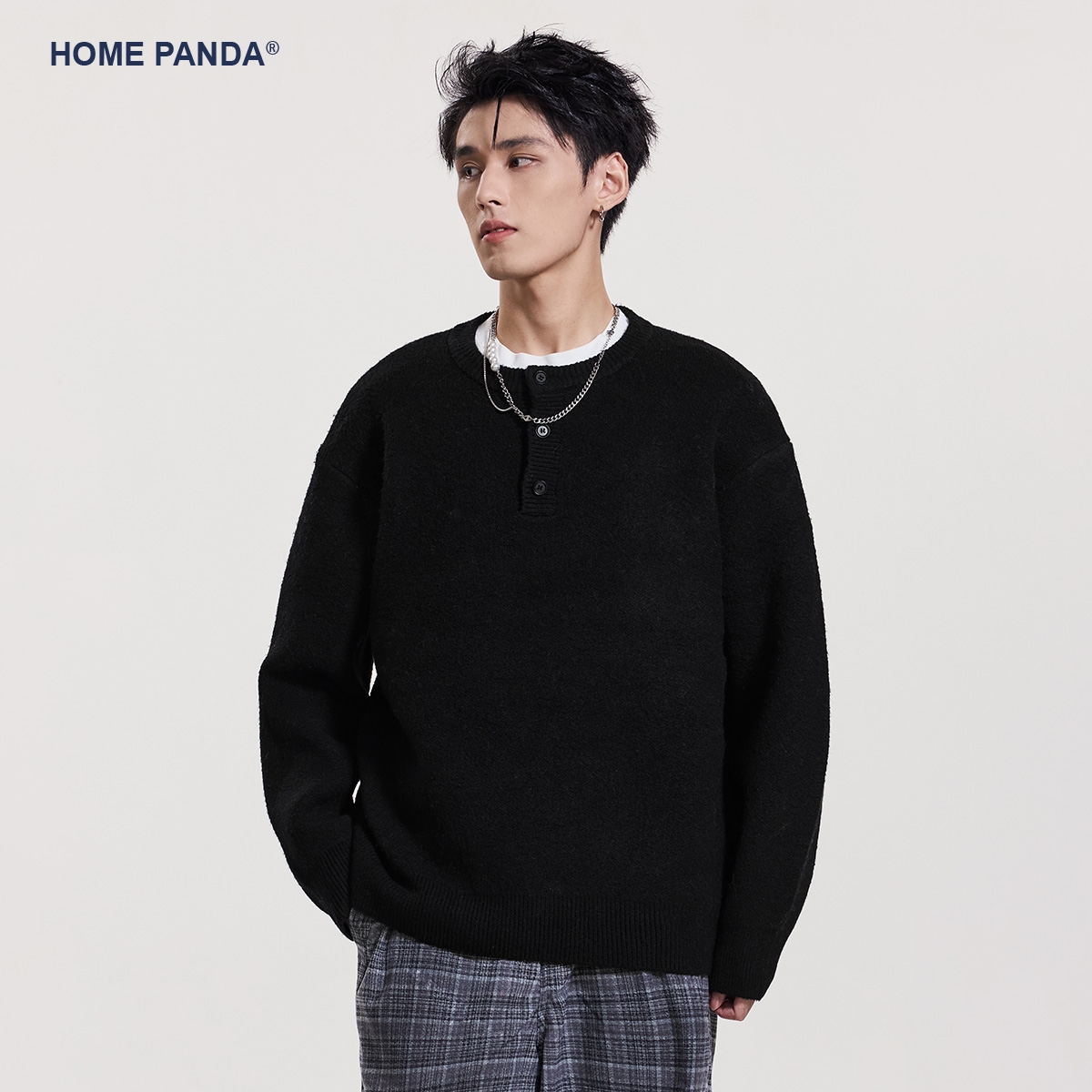 HomePanda黑色亨利领花纱毛衣