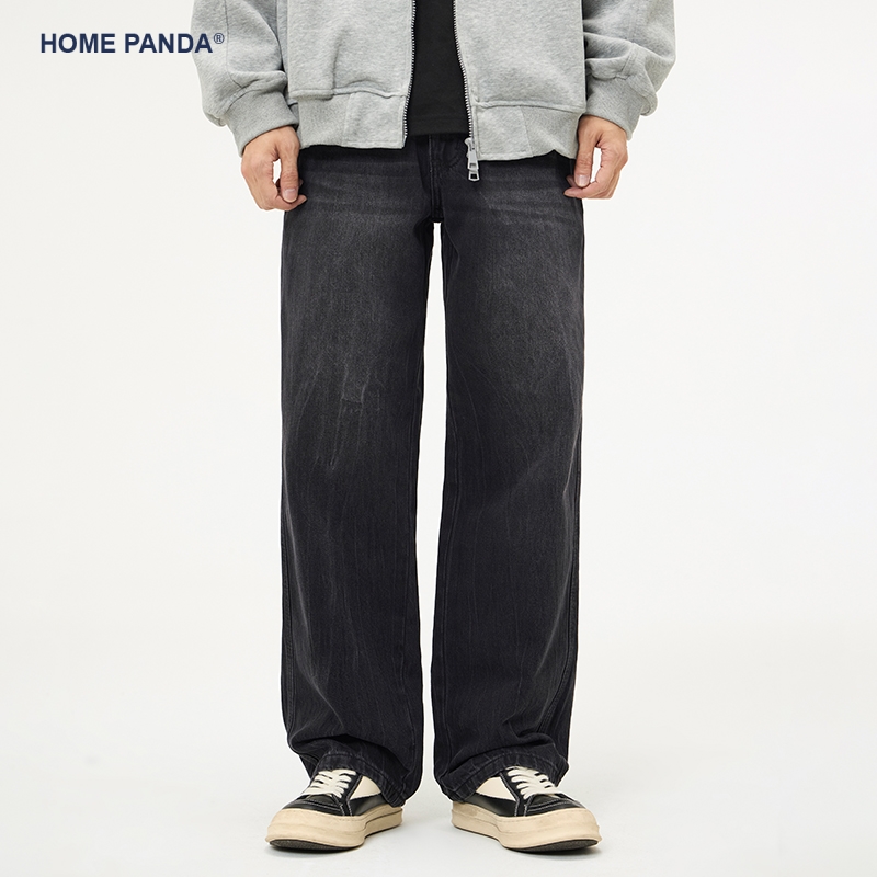 HomePanda黑色直筒牛仔裤男