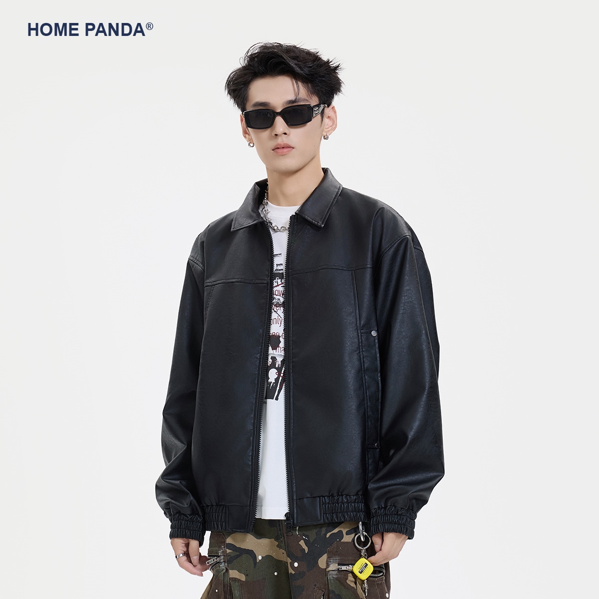 HomePanda黑色复古PU皮衣夹克男