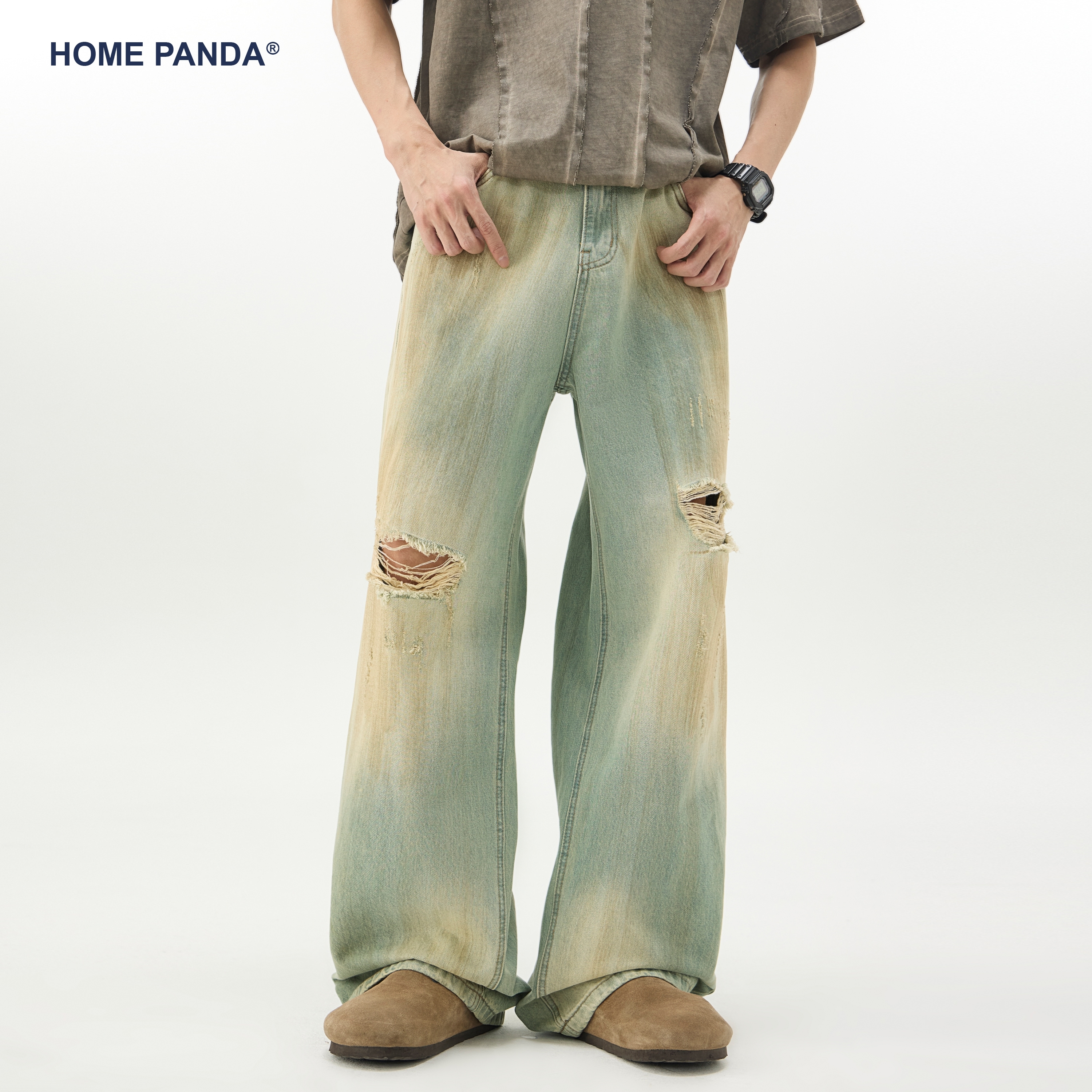 HomePanda黄泥色破洞牛仔裤男