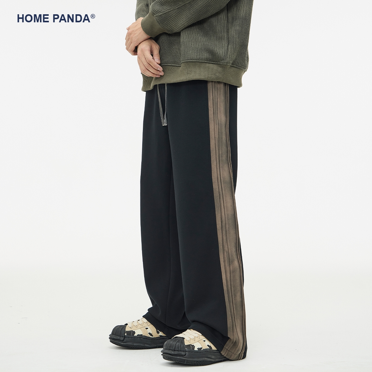 HomePanda黑色条纹直筒休闲裤男
