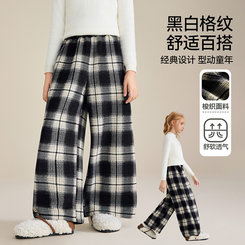 ASKjunior儿童裤子2025冬季新款女童加绒保暖撞色格纹直筒裤