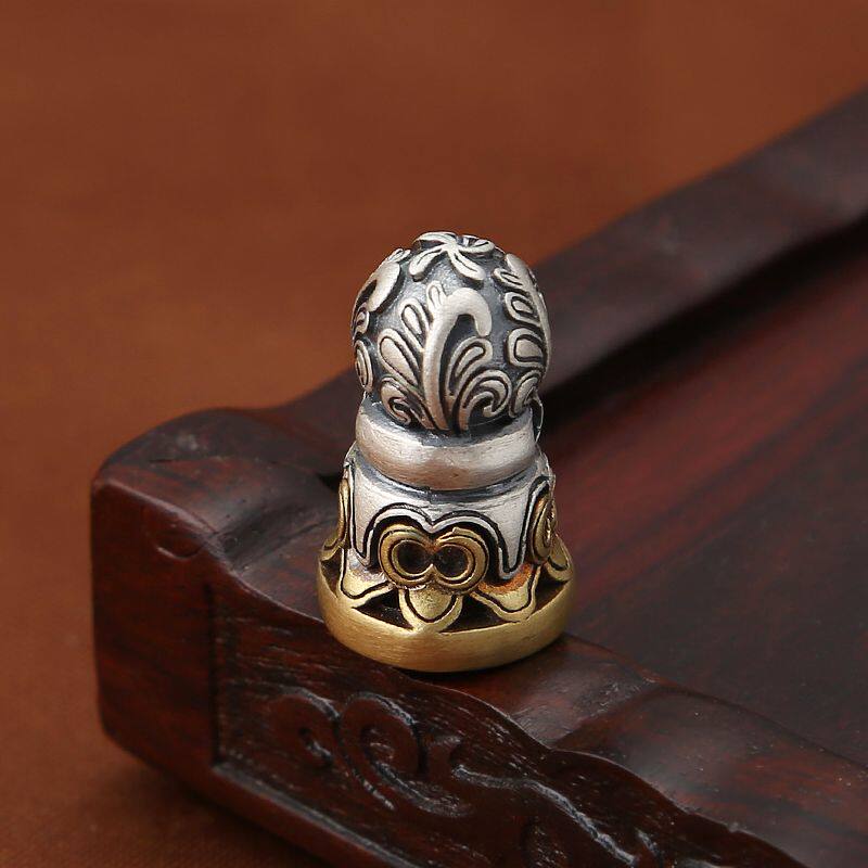 藏式印章S925纯银饰品 复古DIY配件 图腾哑光印章手串小吊件挂件