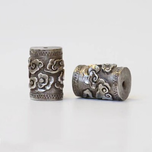 S925纯银做旧祥云圆筒珠手工錾刻顶珠佛珠挂坠手串汉服配饰百搭款