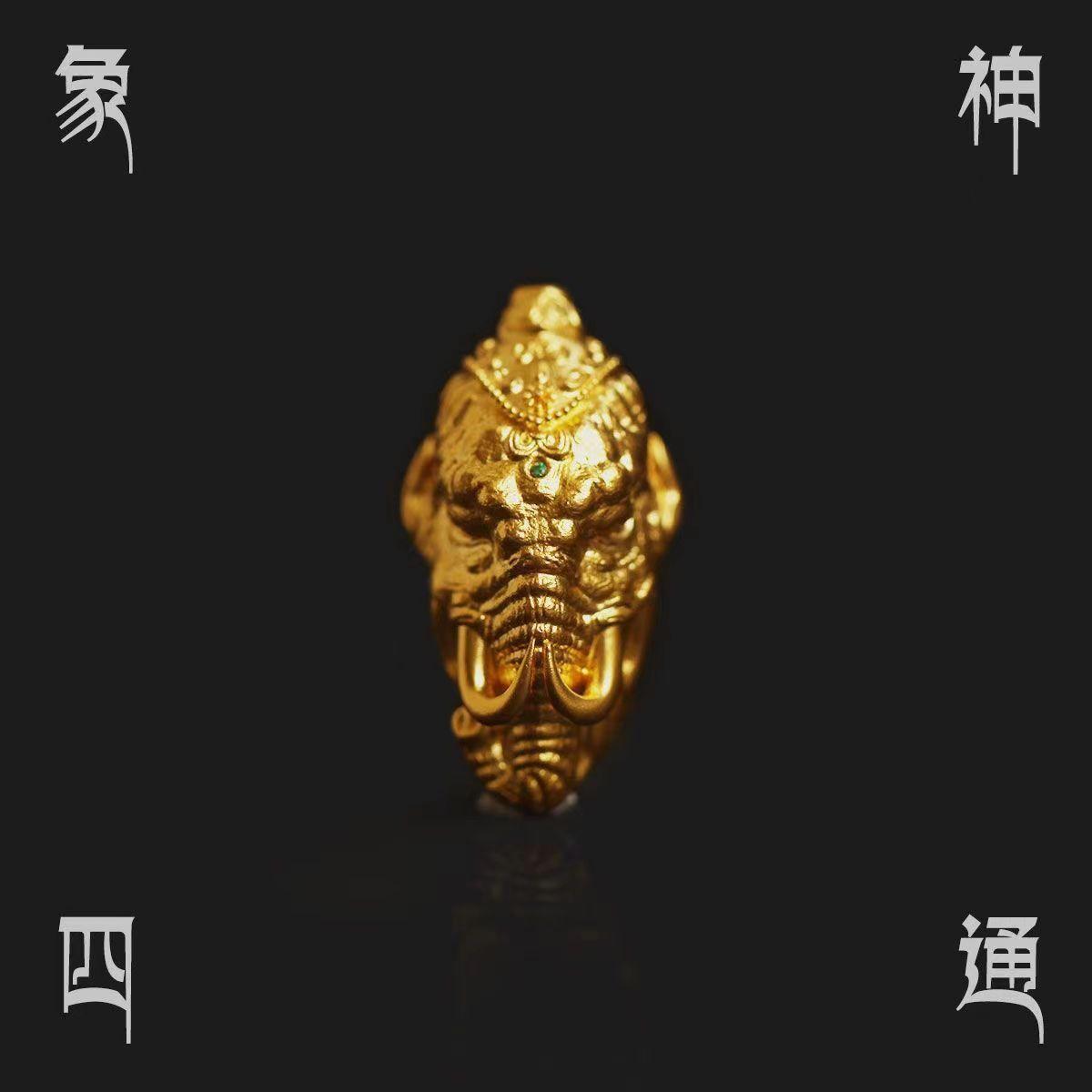 925镀金象鼻神三通古法金象背云吊坠挂饰藏式文玩108珠DIY配饰