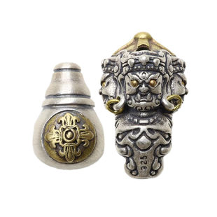 925银饰十字金刚杵大黑天藏传文玩三通佛头手串念珠纯银银饰配饰