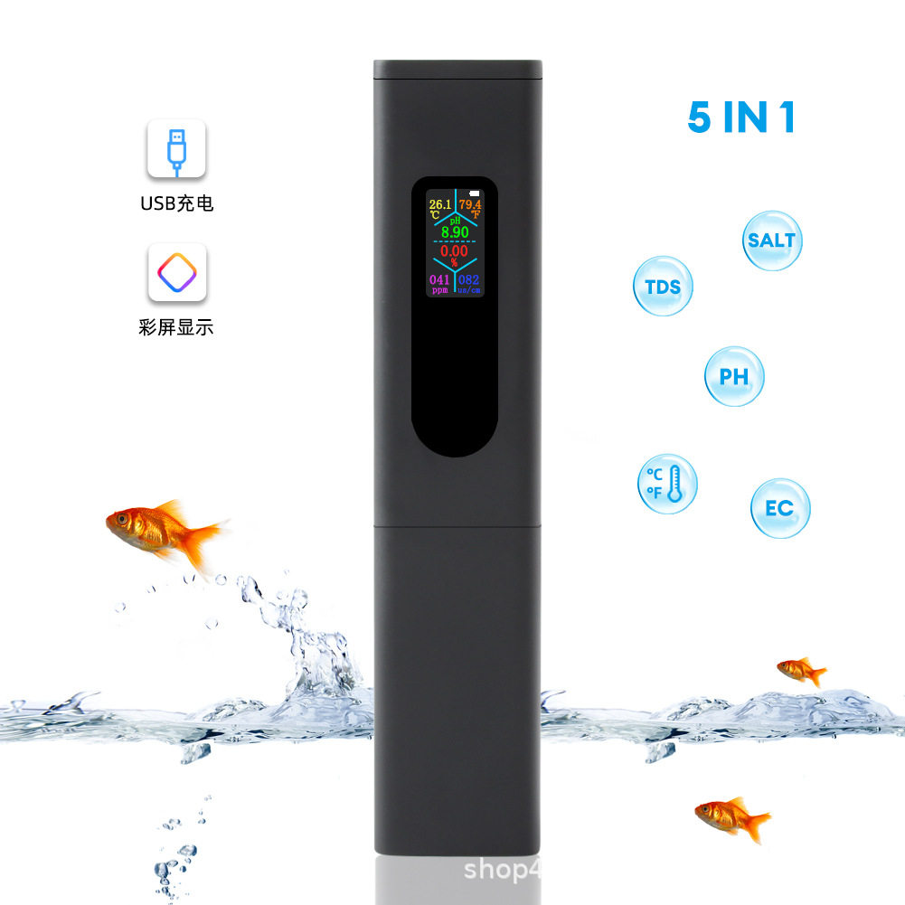 USB充电5合1水质检测仪PH计EC电导率TDS/SALT盐度海水泳池检测仪